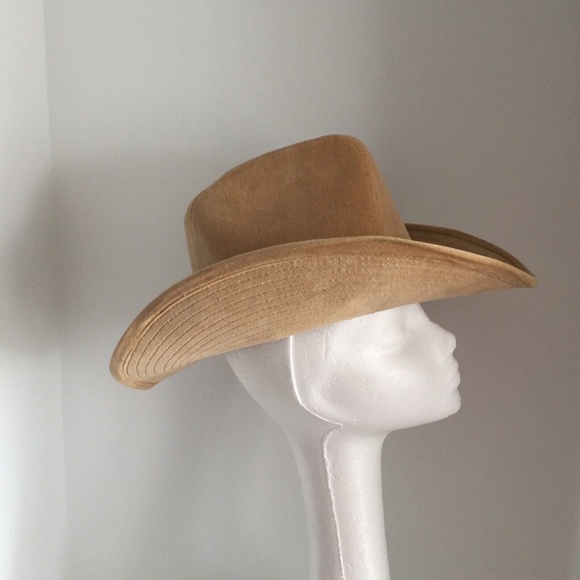 Vintage Womens Stetson Cowboy Western Hat Corduroy Cotton Feather Beige 6-3/4 - Picture 6 of 12